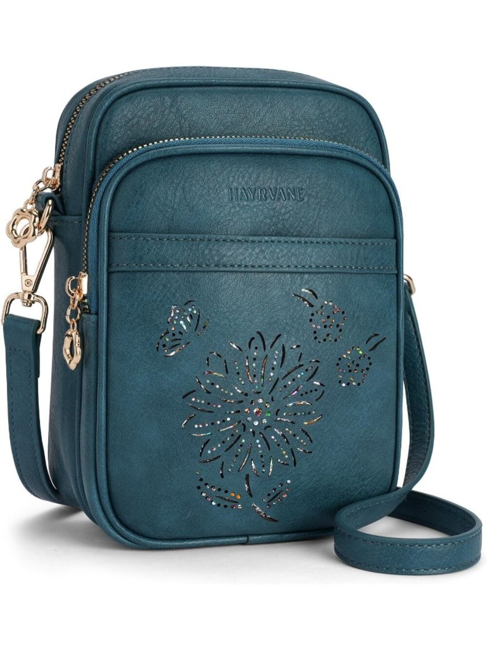 Women Peacock Blue RFID Phone Purse With Card Slots 3 Compartments Crossbody Bag